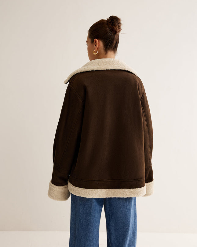 Vintage-Braune Jacke mit Fleece-Futter und lockerer Passform