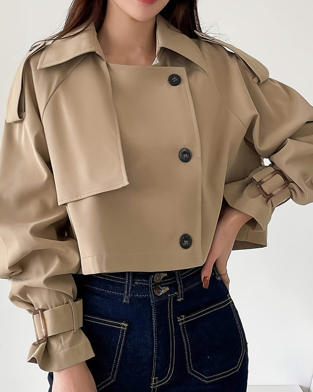 Evelyn - Stylischer khakifarbener Trenchcoat mit Reverskragen und schickem Federverschluss für Frauen