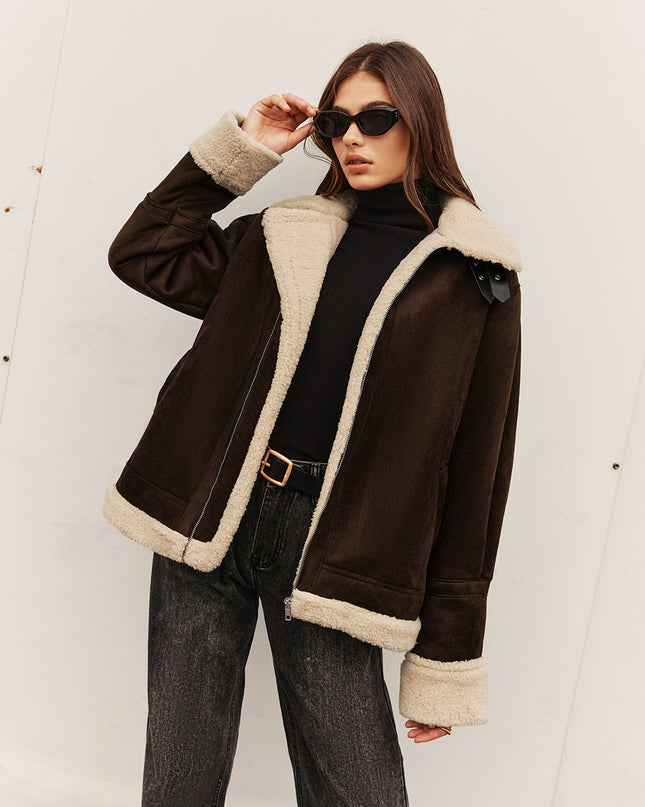 Vintage-Braune Jacke mit Fleece-Futter und lockerer Passform