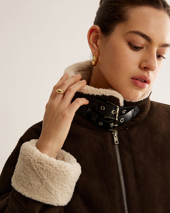 Vintage-Braune Jacke mit Fleece-Futter und lockerer Passform