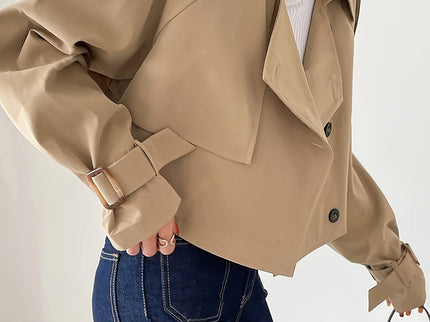 Evelyn - Stylischer khakifarbener Trenchcoat mit Reverskragen und schickem Federverschluss für Frauen