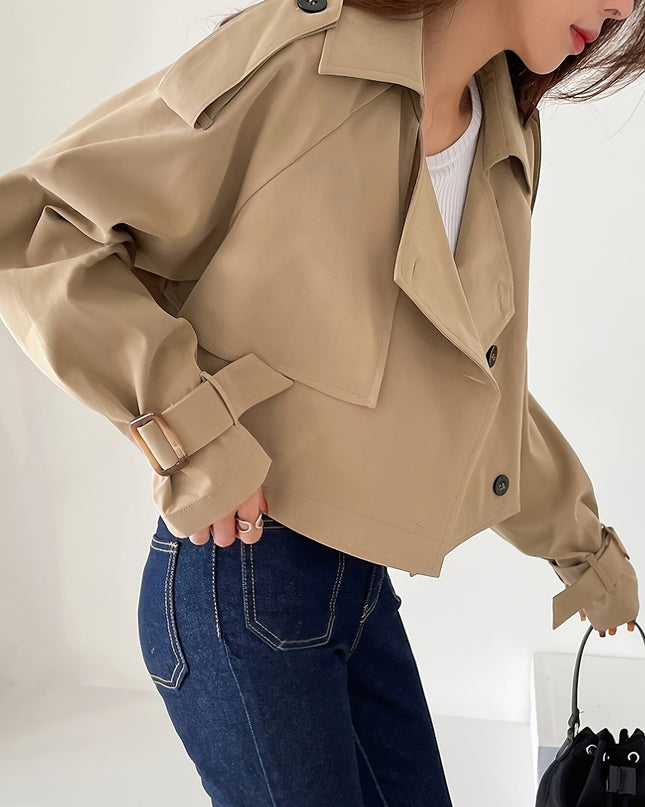 Evelyn - Stylischer khakifarbener Trenchcoat mit Reverskragen und schickem Federverschluss für Frauen