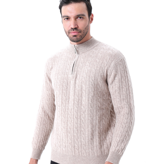 Roman | Chunky knit Herren Chasmere Pullover mit Kabelstrickmuster & Halb Reißverschluss Kragen