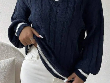 Freja | Gestreiftes Kabelstrickpullover Mit V Neck