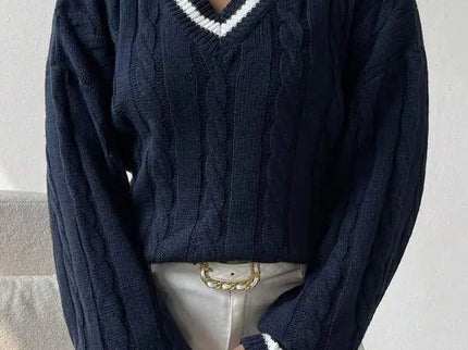 Freja | Gestreiftes Kabelstrickpullover Mit V Neck