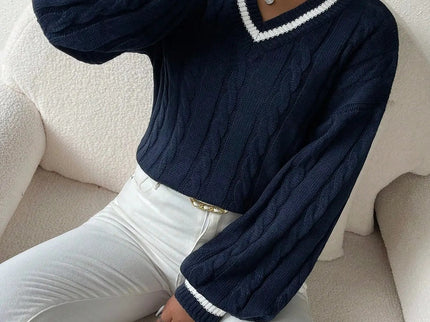 Freja | Gestreiftes Kabelstrickpullover Mit V Neck