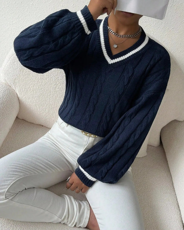 Freja | Gestreiftes Kabelstrickpullover Mit V Neck