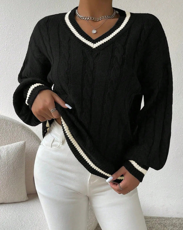 Freja | Gestreiftes Kabelstrickpullover Mit V Neck