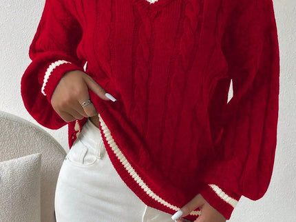 Freja | Gestreiftes Kabelstrickpullover Mit V Neck