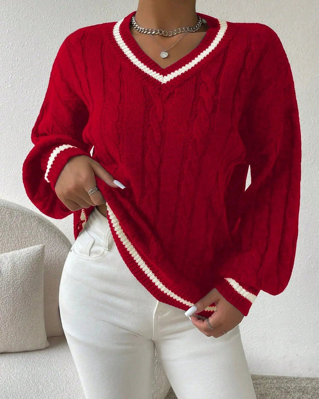 Freja | Gestreiftes Kabelstrickpullover Mit V Neck