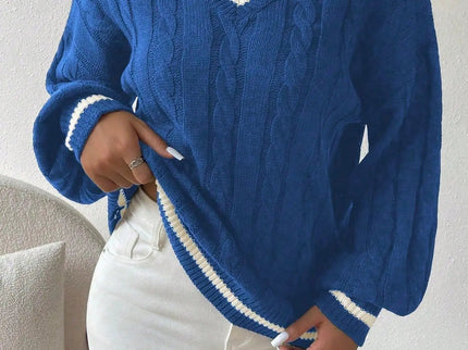 Freja | Gestreiftes Kabelstrickpullover Mit V Neck