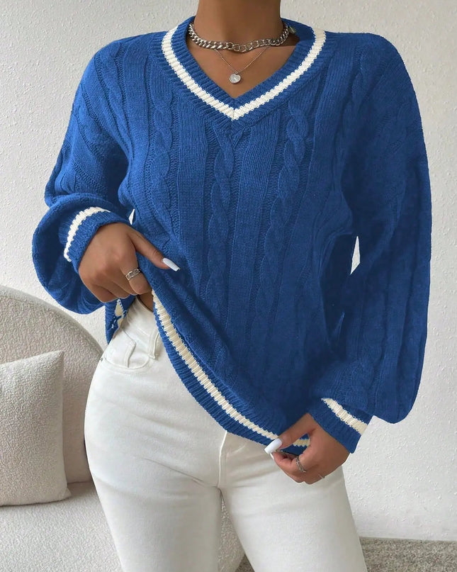 Freja | Gestreiftes Kabelstrickpullover Mit V Neck