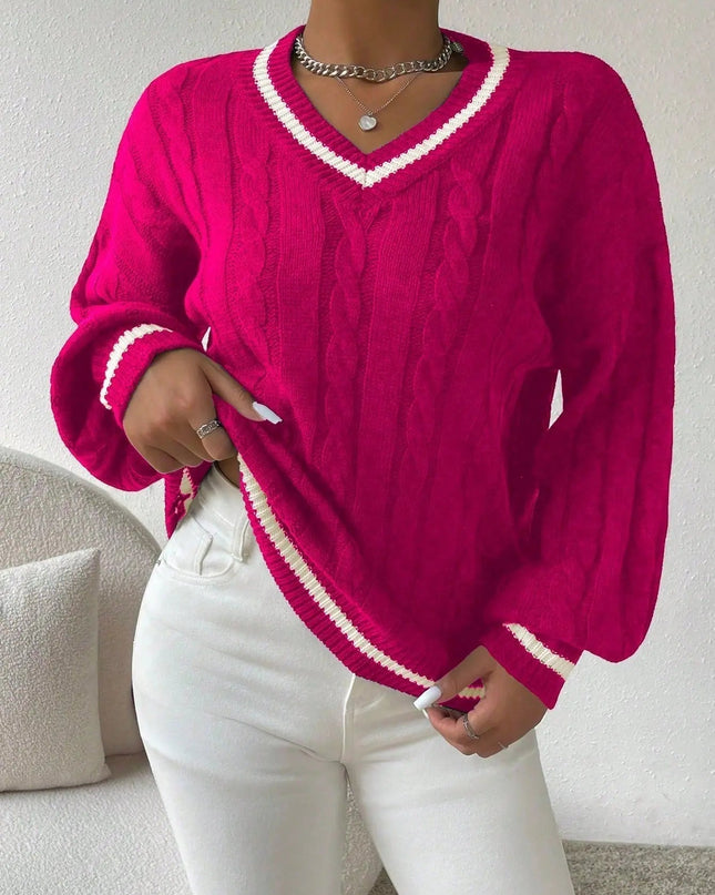 Freja | Gestreiftes Kabelstrickpullover Mit V Neck