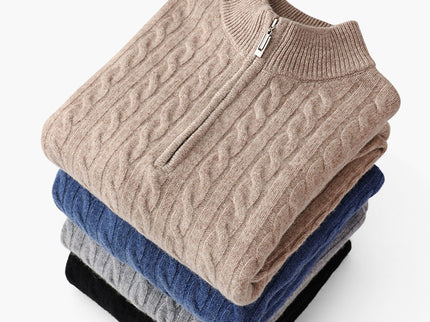 Roman | Chunky knit Herren Chasmere Pullover mit Kabelstrickmuster & Halb Reißverschluss Kragen