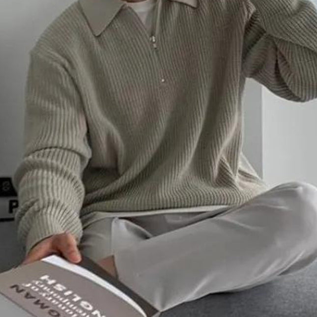 Aaron | Cozy halbem Reißverschluss Herren Gerippt Strickpullover mit Polokragen