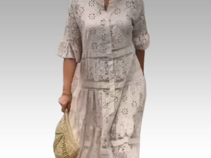 Emberly™ – Locker sitzendes Kleid mit Stickerei und Knopfleiste
