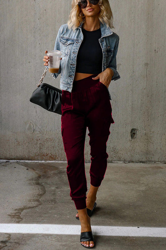 Satin-Jogginghose mit hoher Taille und Taschen