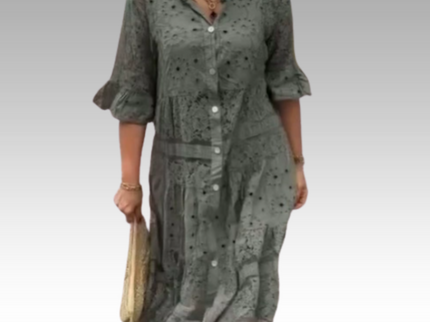 Emberly™ – Locker sitzendes Kleid mit Stickerei und Knopfleiste