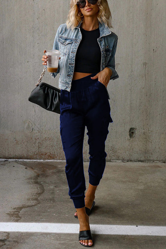 Satin-Jogginghose mit hoher Taille und Taschen