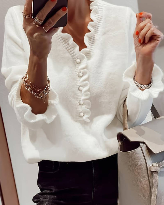 Eleanor | Elegante V-Ausschnitt Bluse mit Rüschen