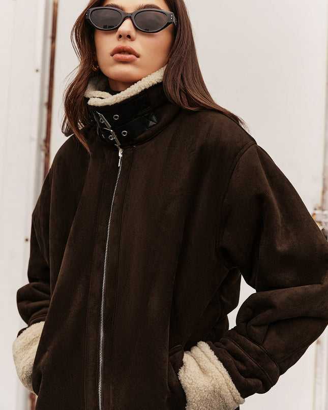 Vintage-Braune Jacke mit Fleece-Futter und lockerer Passform