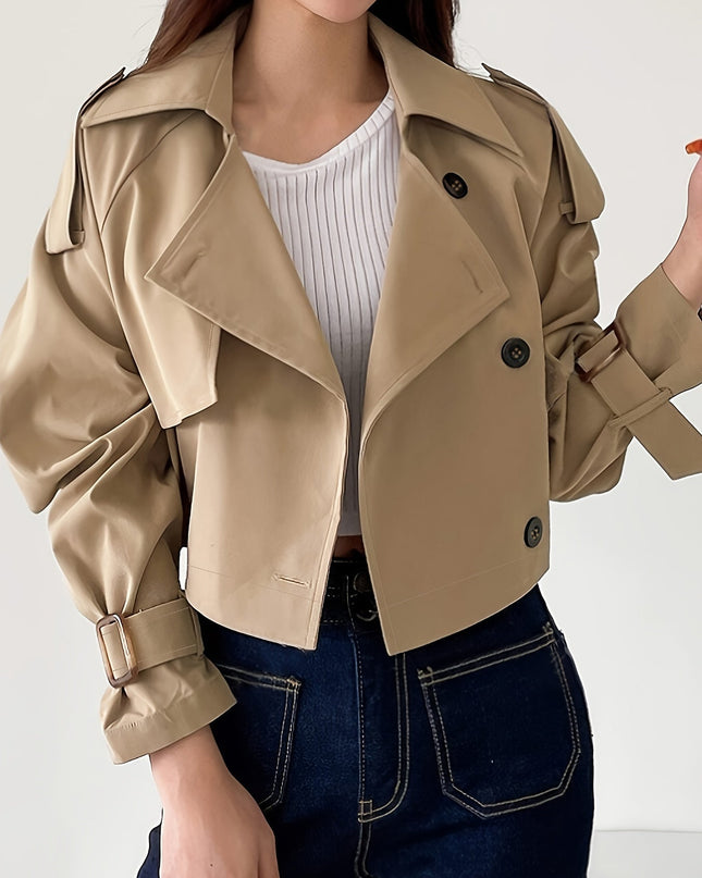 Evelyn - Stylischer khakifarbener Trenchcoat mit Reverskragen und schickem Federverschluss für Frauen