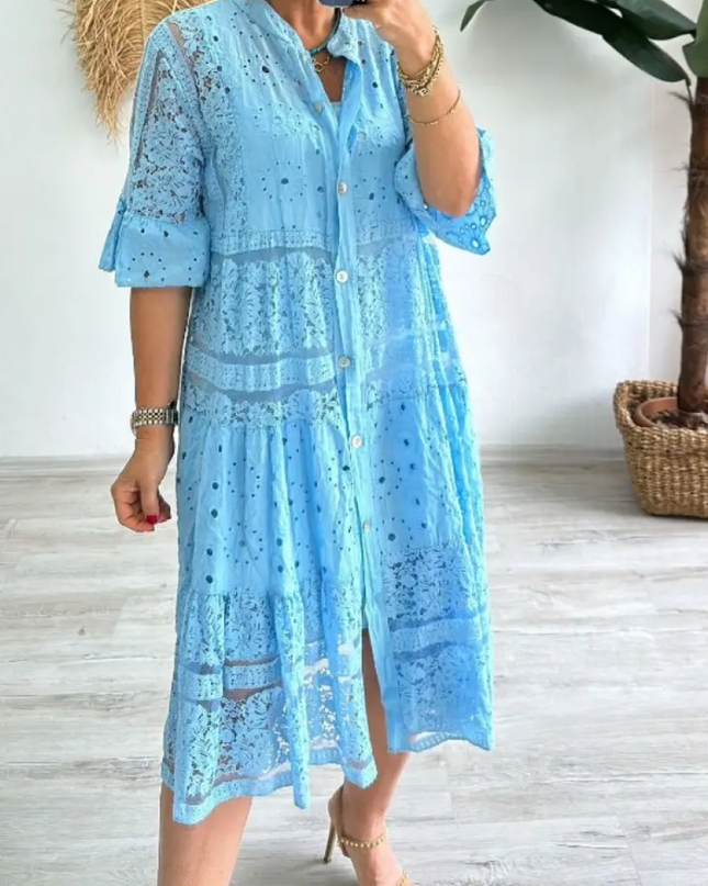 Emberly™ – Locker sitzendes Kleid mit Stickerei und Knopfleiste