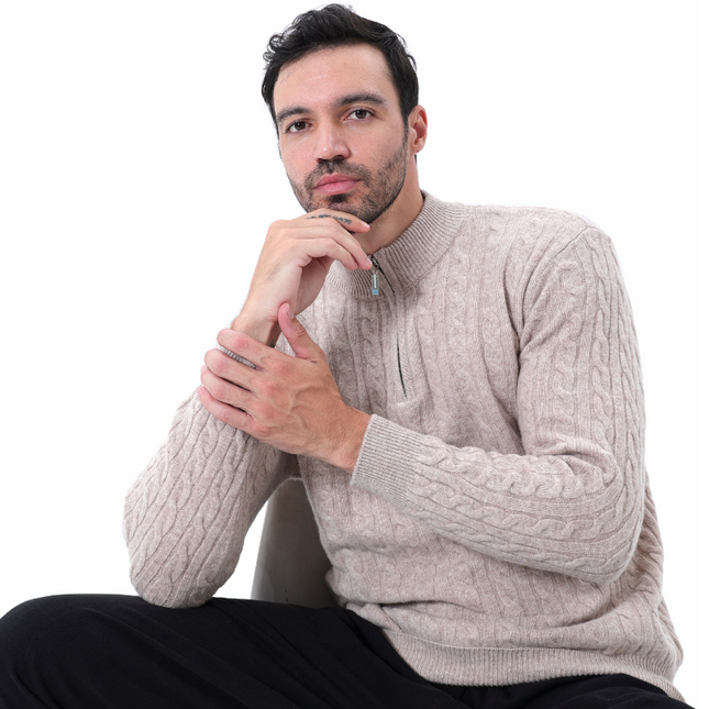 Roman | Chunky knit Herren Chasmere Pullover mit Kabelstrickmuster & Halb Reißverschluss Kragen