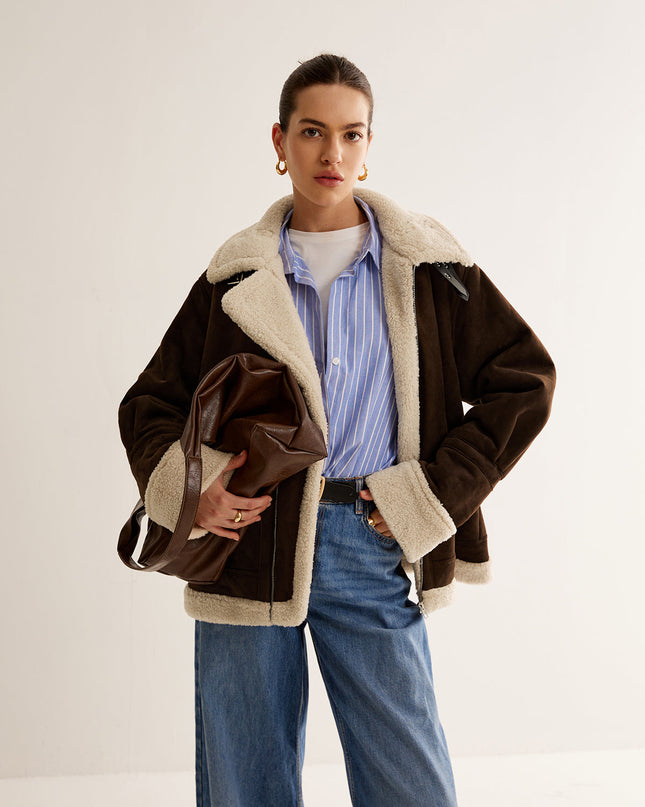 Vintage-Braune Jacke mit Fleece-Futter und lockerer Passform