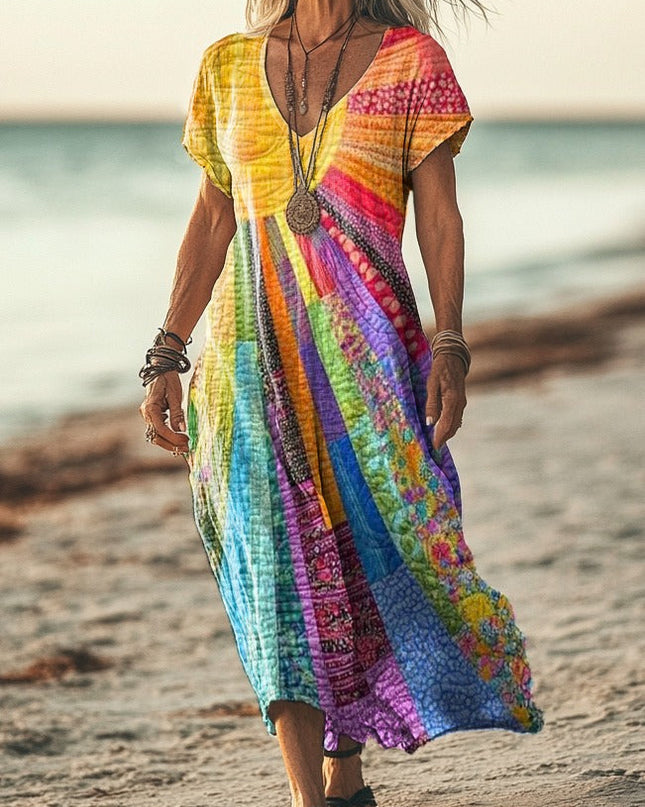 Nery™ – Kleid mit Farbstreifen und V-Ausschnitt