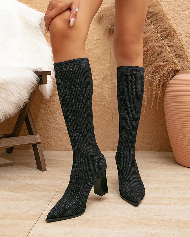 AMELIA - Trendige hohe Strickstiefel mit bequemem Blockabsatz
