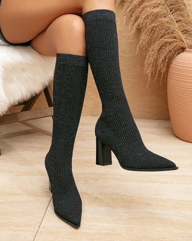 AMELIA - Trendige hohe Strickstiefel mit bequemem Blockabsatz