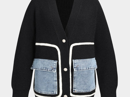 Ella | Schwarzer Strick-Cardigan mit Denim-Patches – Der perfekte Mix aus Komfort und Stil
