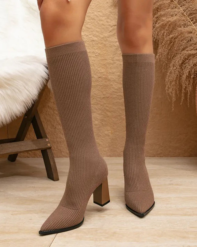 AMELIA - Trendige hohe Strickstiefel mit bequemem Blockabsatz