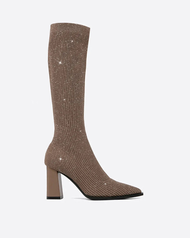 AMELIA - Trendige hohe Strickstiefel mit bequemem Blockabsatz