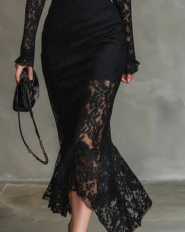 Monika | Schwarzes Spitzen-Maxikleid