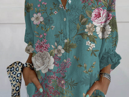 Flore |  Floral Birds Art Leinen V-Ausschnitt Hemd