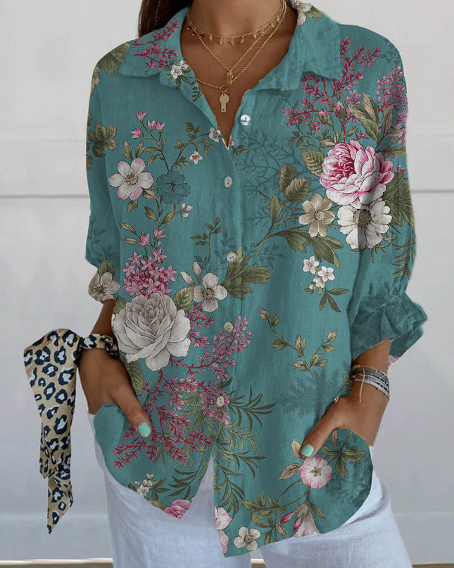 Flore |  Floral Birds Art Leinen V-Ausschnitt Hemd