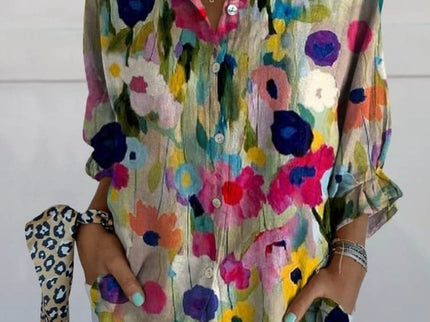 Flore |  Floral Birds Art Leinen V-Ausschnitt Hemd