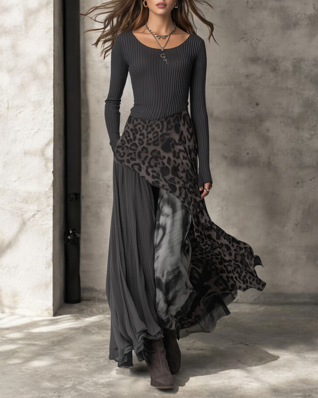 Fena™ - Langes Kleid mit Leopardenmuster-Akzenten