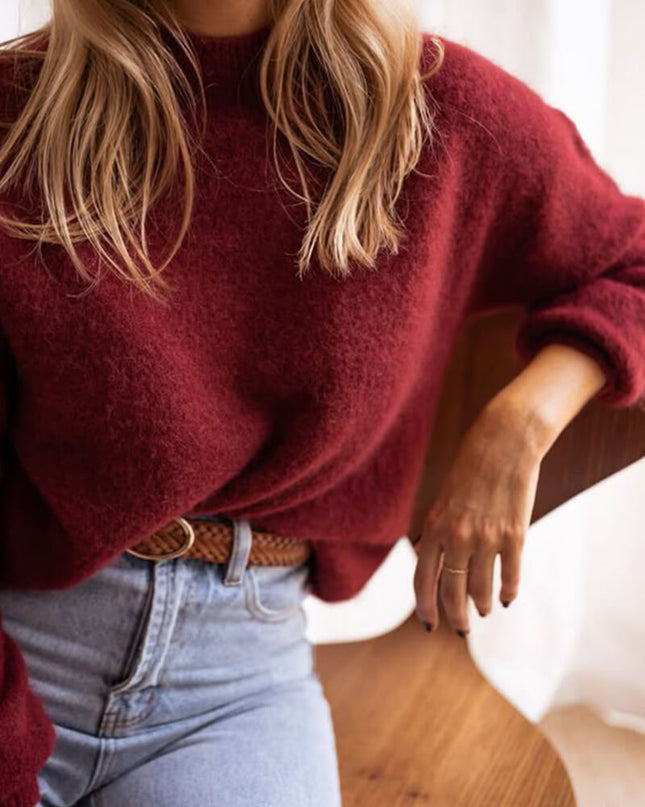 Damen Pullover Bordeaux – Warmer Strickpullover mit Rundhals