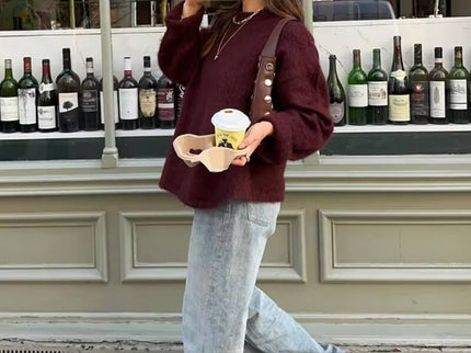 Damen Pullover Bordeaux – Warmer Strickpullover mit Rundhals