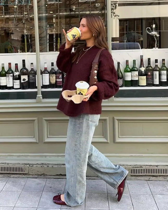 Damen Pullover Bordeaux – Warmer Strickpullover mit Rundhals