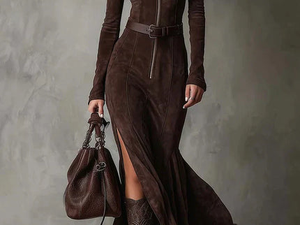 Kyara - Braunes Kleid mit Reißverschluss