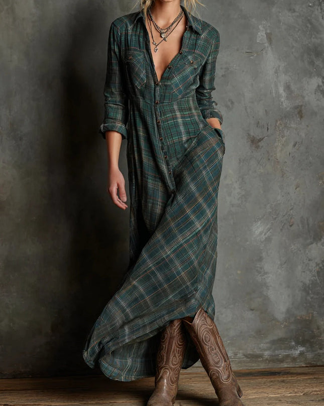 Devine™ - Langes Kleid mit Grünem Karomuster