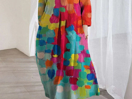 Bunt bedrucktes Kleid mit V-Ausschnitt