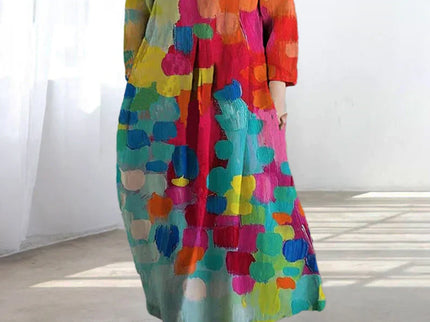 Bunt bedrucktes Kleid mit V-Ausschnitt