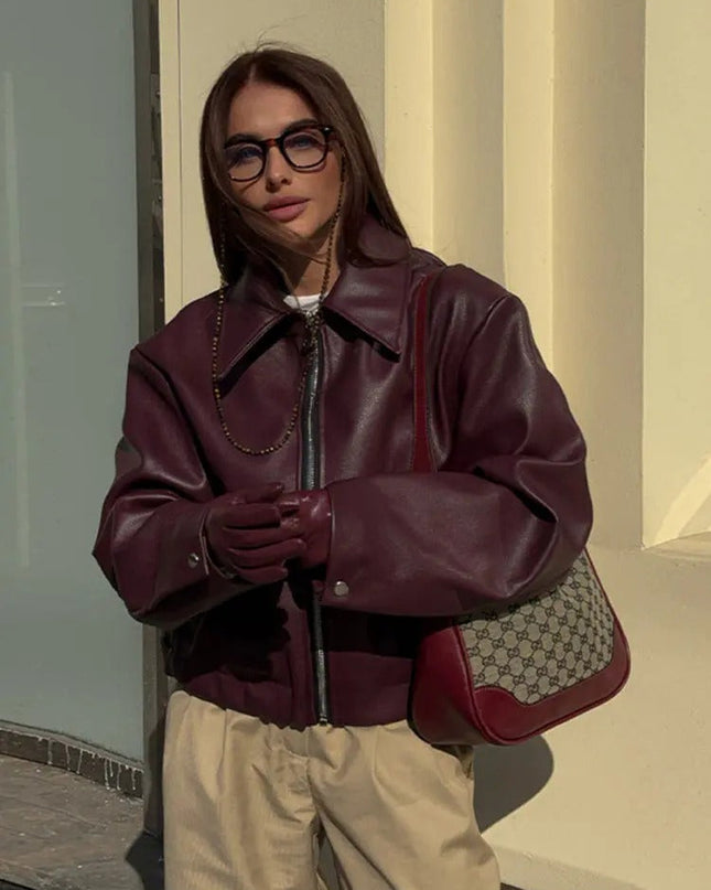 Trendige Bordeaux Lederjacke