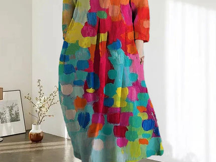 Bunt bedrucktes Kleid mit V-Ausschnitt
