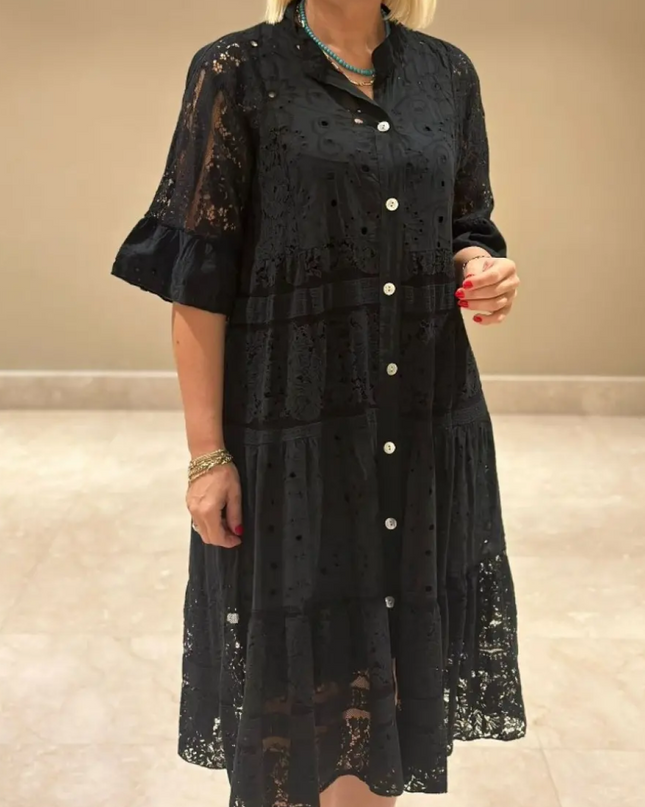 Emberly™ – Locker sitzendes Kleid mit Stickerei und Knopfleiste